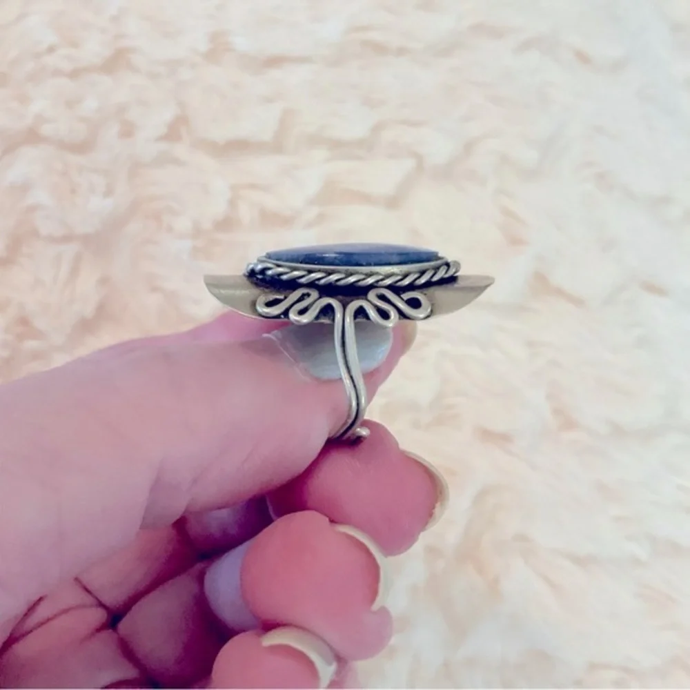 Blue stone Sterling Silver Handcrafted Large Adjustable One Size Fits Most - Picture 4 of 10